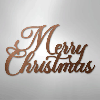 Copper "Merry Christmas" metal wall art in elegant script font.
