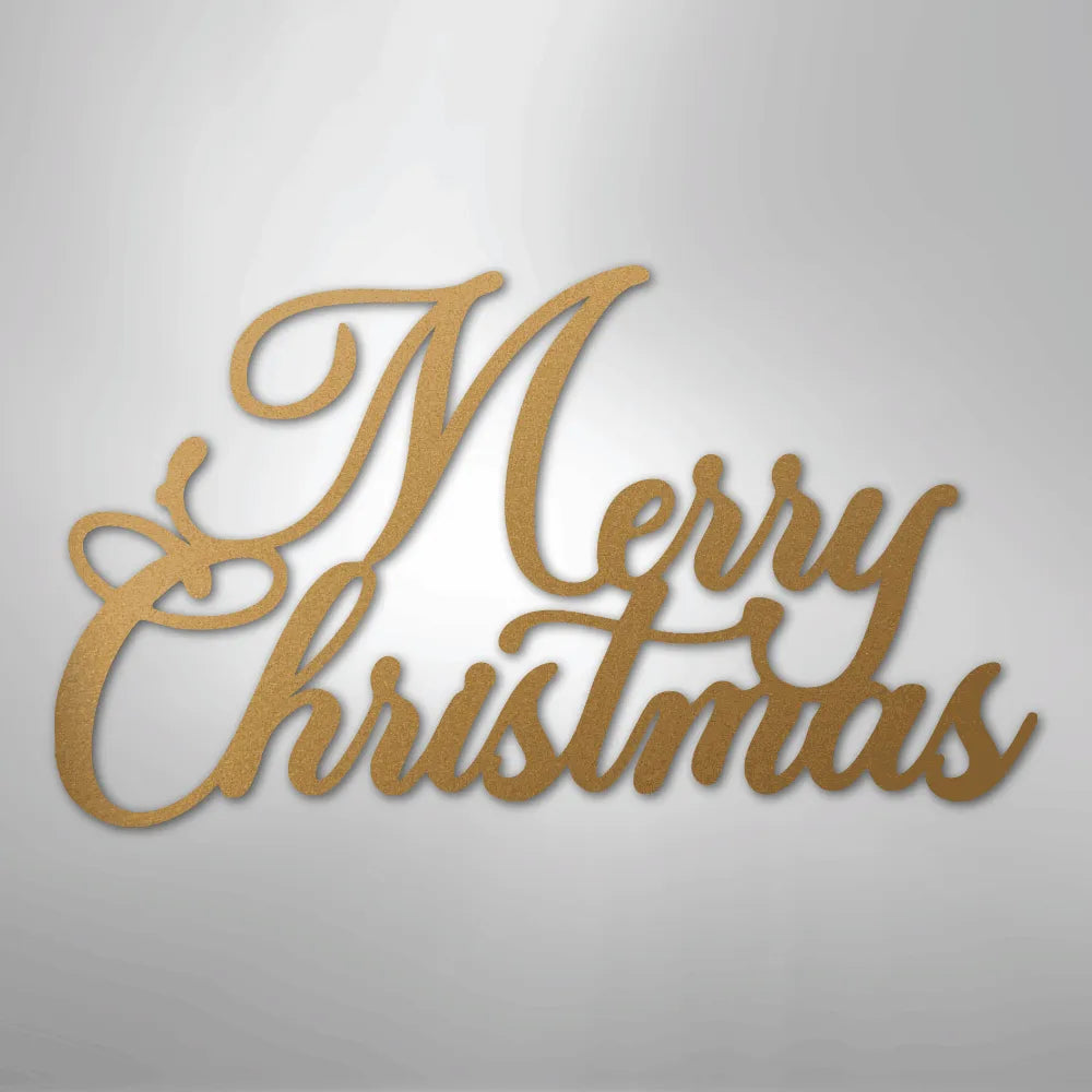 Gold script "Merry Christmas" metal wall art, elegant holiday decor.