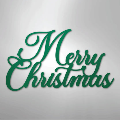 Green script "Merry Christmas" metal wall art on a light background.