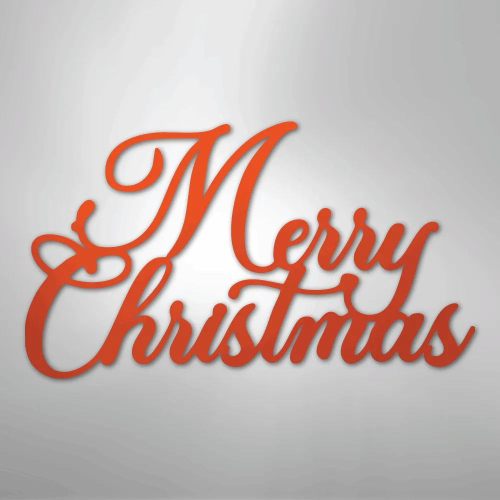 Red script "Merry Christmas" metal wall art on a light gray background.