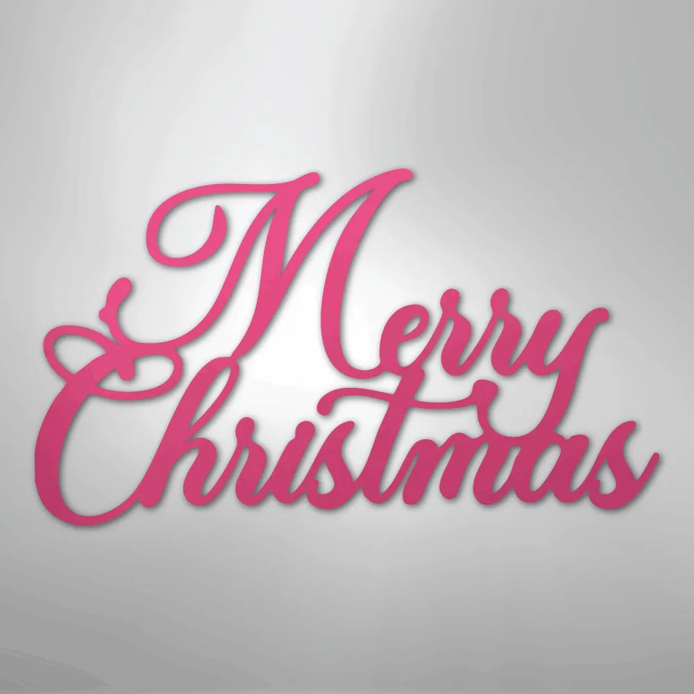 Pink "Merry Christmas" metal wall art in elegant script font.