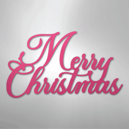 Pink "Merry Christmas" metal wall art in elegant script font.