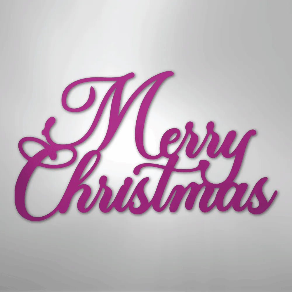 Purple "Merry Christmas" metal wall art in elegant script font.