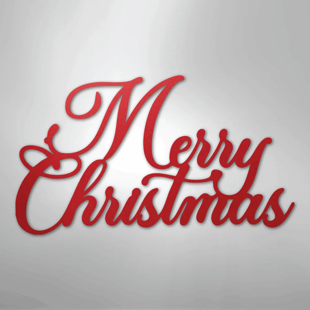 Red "Merry Christmas" metal wall art in elegant script font.