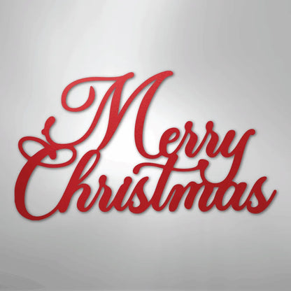 Red "Merry Christmas" metal wall art in elegant script font.