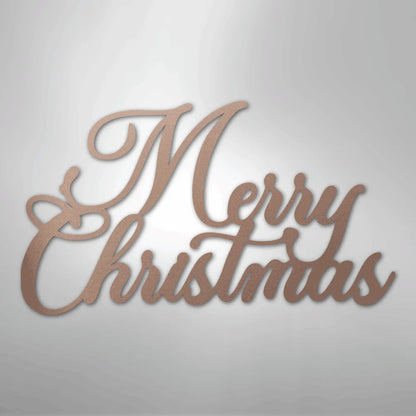 Rose gold "Merry Christmas" metal wall art in elegant script font.