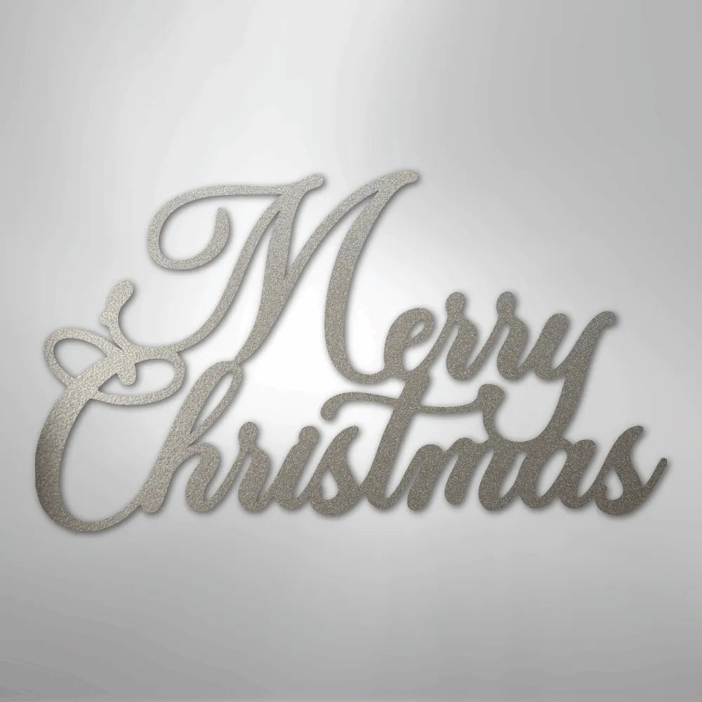 Silver glitter "Merry Christmas" metal wall art in elegant script.