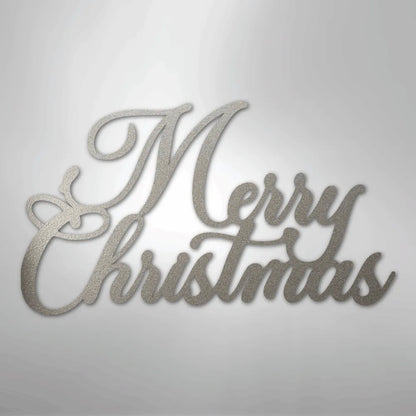 Silver glitter "Merry Christmas" metal wall art in elegant script.
