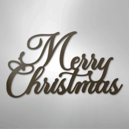 Dark brown metal wall art spelling "Merry Christmas" in elegant script.