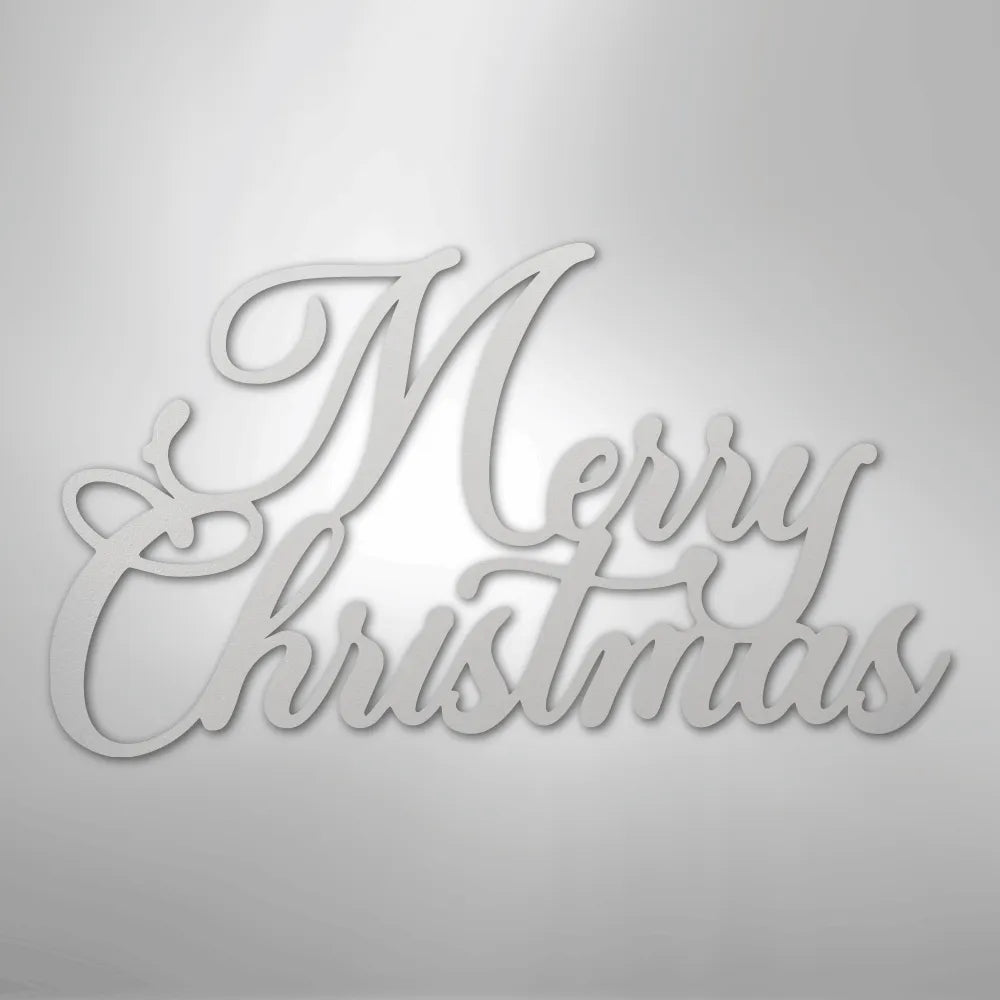 White "Merry Christmas" metal wall art in elegant script font.