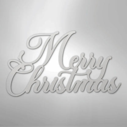 White "Merry Christmas" metal wall art in elegant script font.