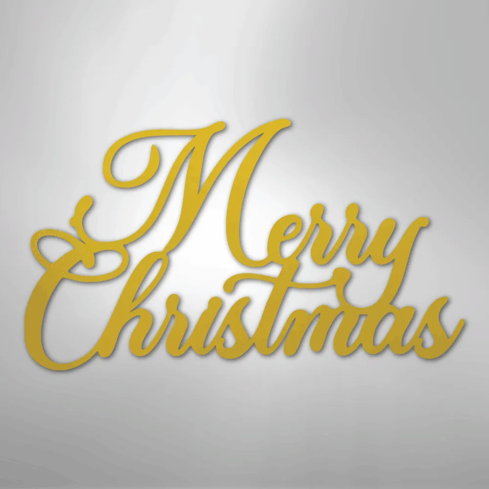 Gold script "Merry Christmas" metal wall art on a light gray background.