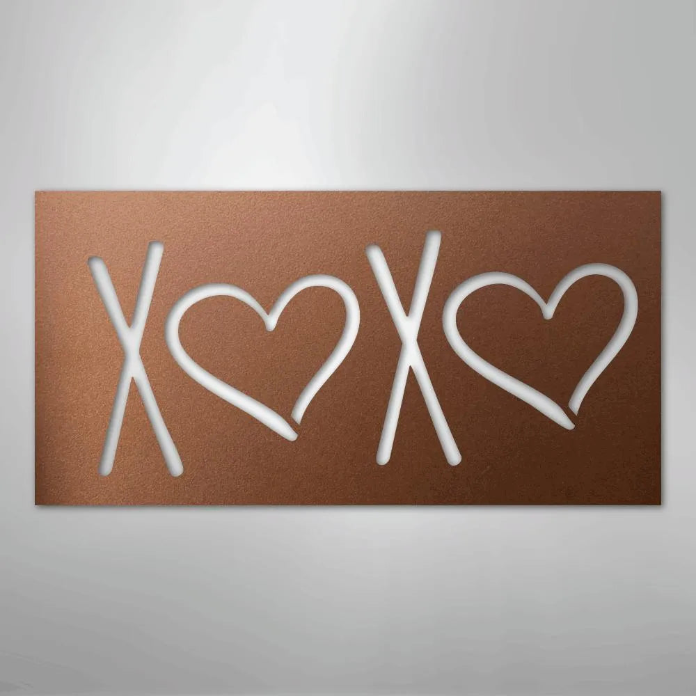 Copper XOXO metal wall art with two hearts, powder-coated for indoor/outdoor decor.
