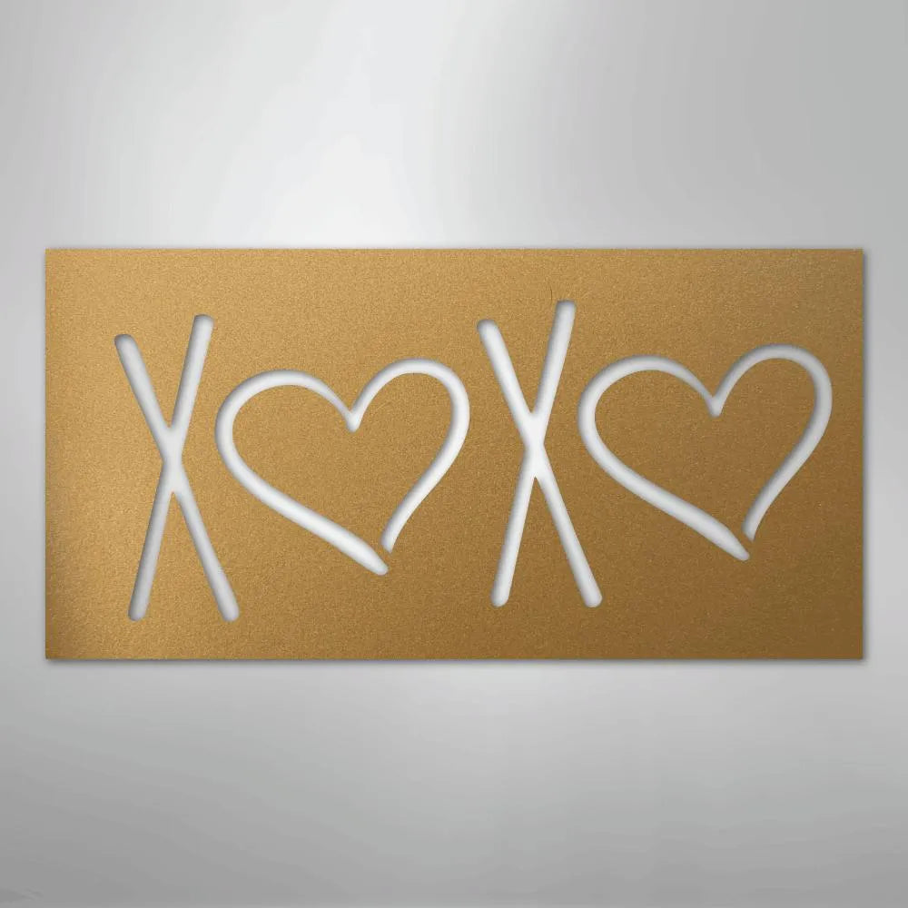 Gold XOXO metal wall art with two heart cutouts, perfect for indoor or outdoor decor.