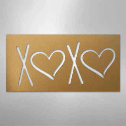 Gold XOXO metal wall art with two heart cutouts, perfect for indoor or outdoor decor.