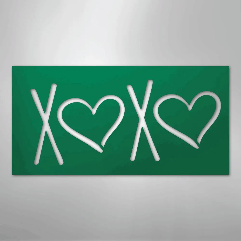 Green metal XOXO wall art with two hearts, powder-coated for indoor/outdoor use.
