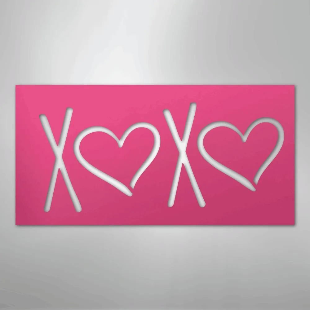 Pink XOXO metal wall art with two hearts, powder-coated American steel for indoor/outdoor decor.