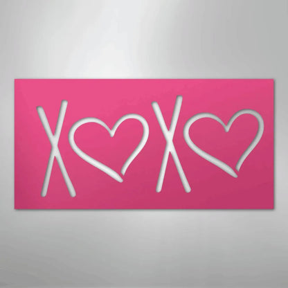 Pink XOXO metal wall art with two hearts, powder-coated American steel for indoor/outdoor decor.