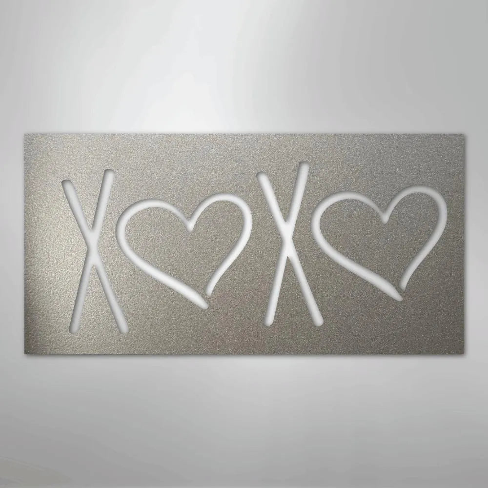 Silver XOXO metal wall art with two hearts, powder-coated steel for indoor/outdoor decor.