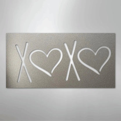 Silver XOXO metal wall art with two hearts, powder-coated steel for indoor/outdoor decor.