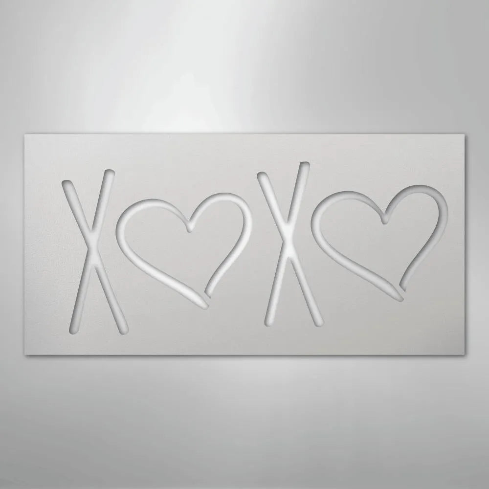 White metal XOXO wall art with two hearts, powder-coated American steel, rectangular design.