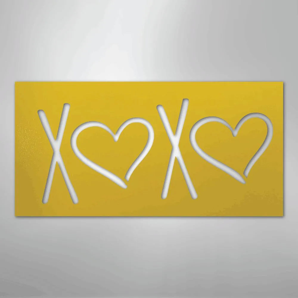Yellow rectangular metal wall art featuring cutouts of "XOXO" with hearts, suitable for indoor/outdoor decor.