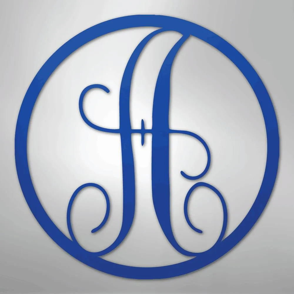 Blue metal wall art featuring a fancy script initial "H" inside a circular frame.