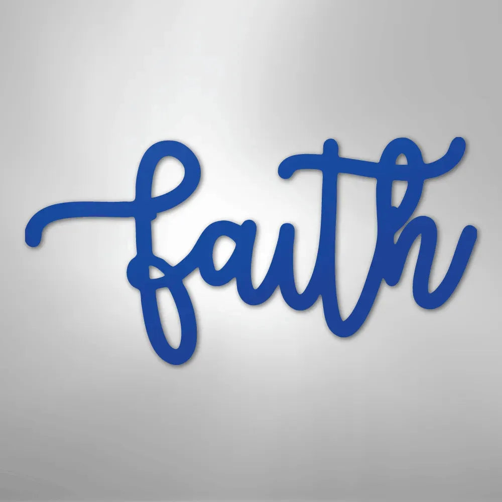 Blue script "faith" metal wall art, durable powder-coated steel, elegant home decor.