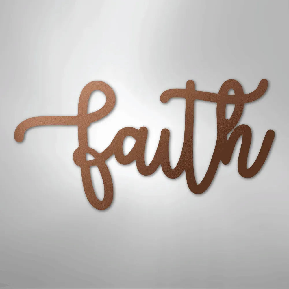 Copper "faith" script metal wall art with a flowing, elegant design.