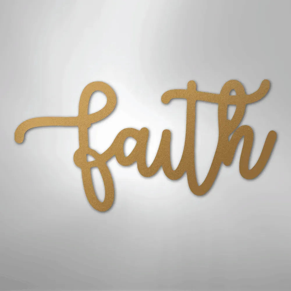 Gold metal "faith" script wall art with a flowing, elegant font.