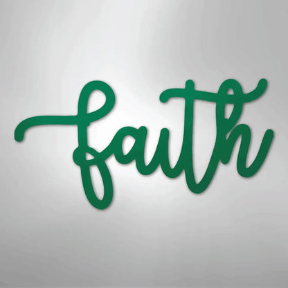 Green script "faith" metal wall art, elegant and inspirational home decor.