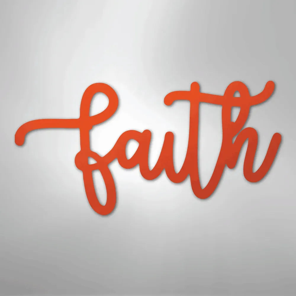 Red metal wall art spelling "faith" in elegant script.