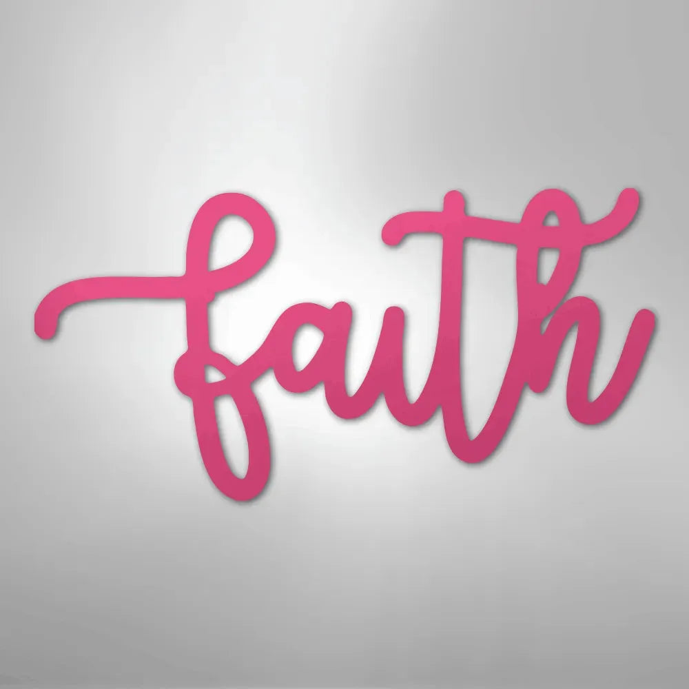Pink script metal wall art spelling "faith" in a flowing, cursive font.