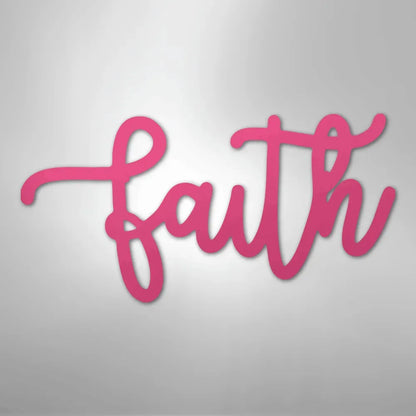 Pink script metal wall art spelling "faith" in a flowing, cursive font.