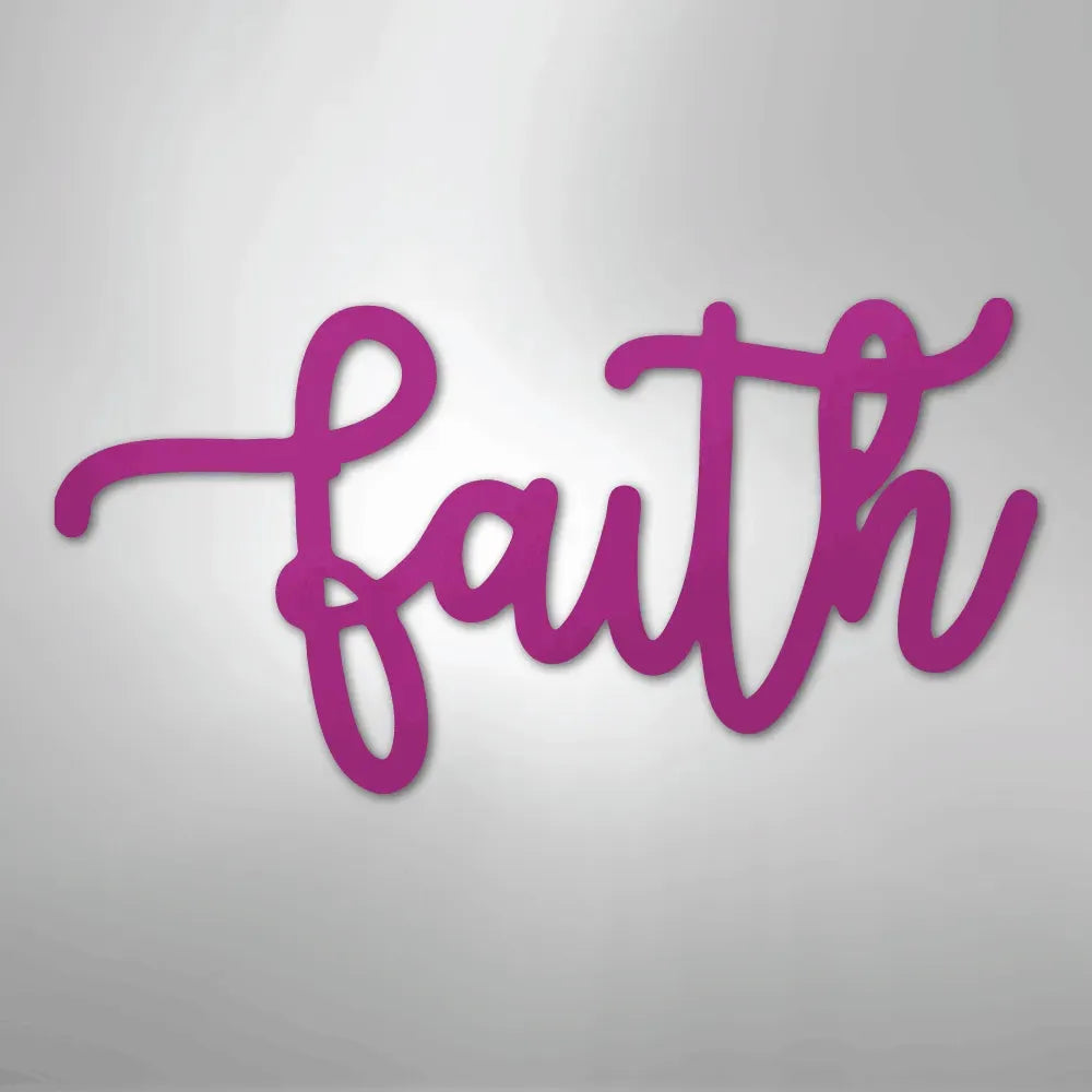 Pink script "faith" metal wall art with a flowing, elegant design.