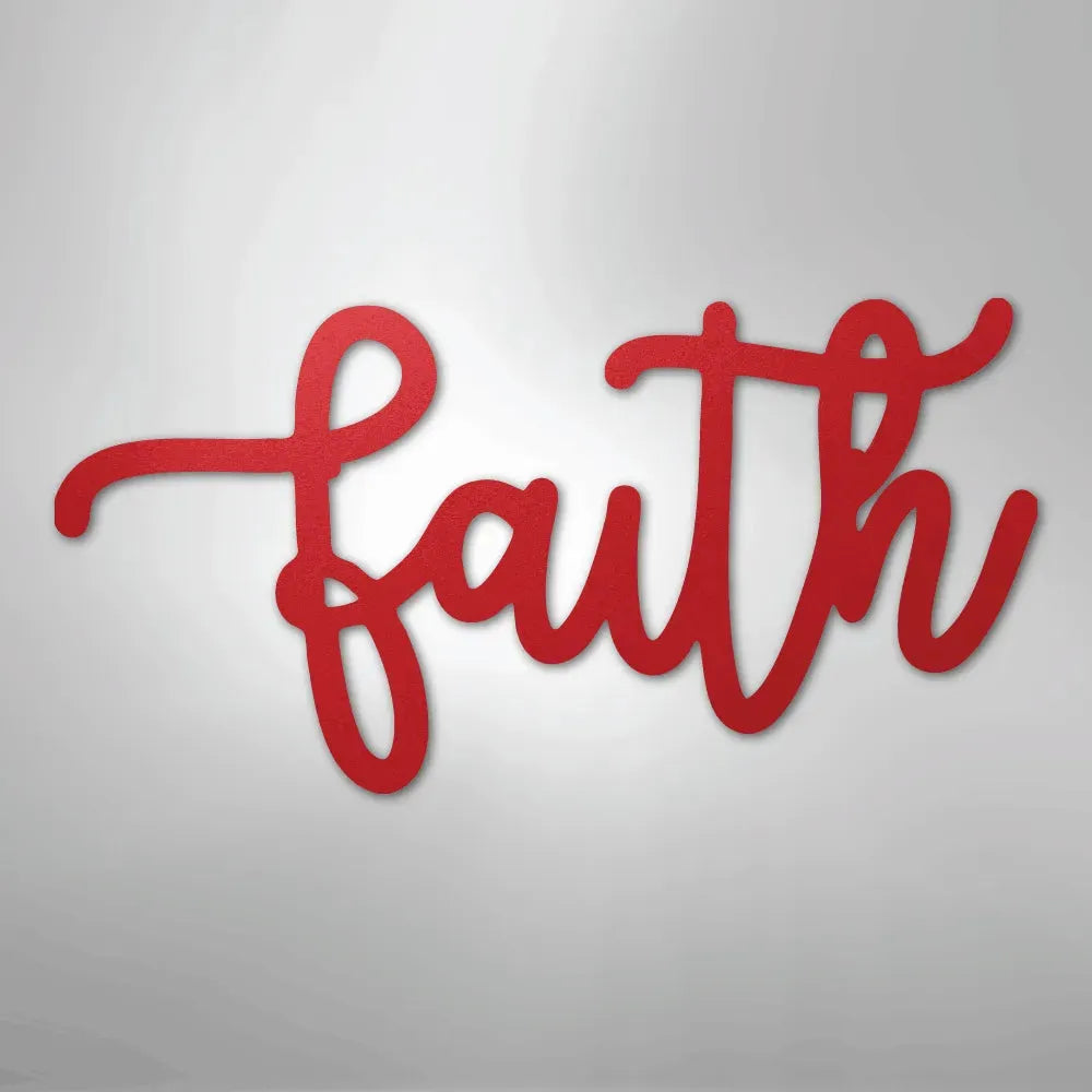 Red metal "faith" script wall art in a flowing, elegant cursive font.