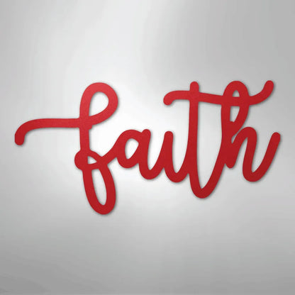 Red metal "faith" script wall art in a flowing, elegant cursive font.