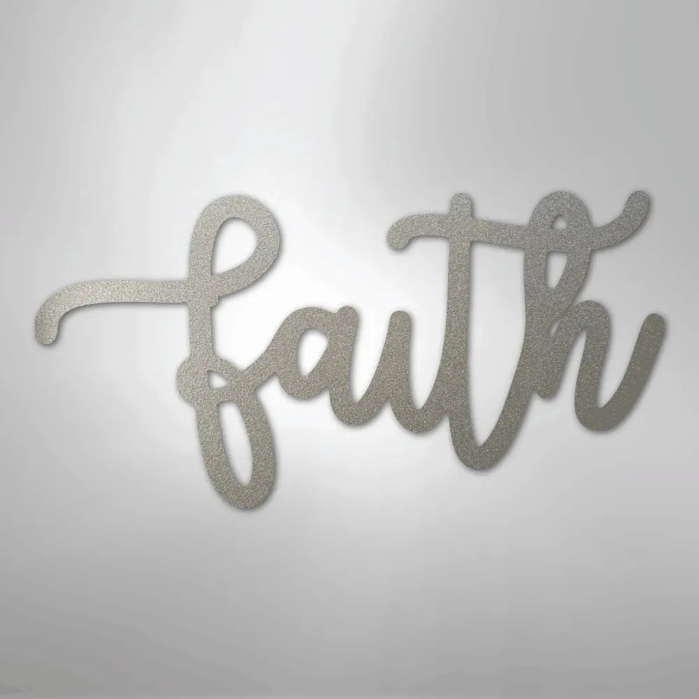 Silver "faith" script metal wall art with a textured, powder-coated finish.