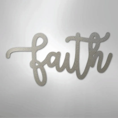 Silver "faith" script metal wall art with a textured, powder-coated finish.