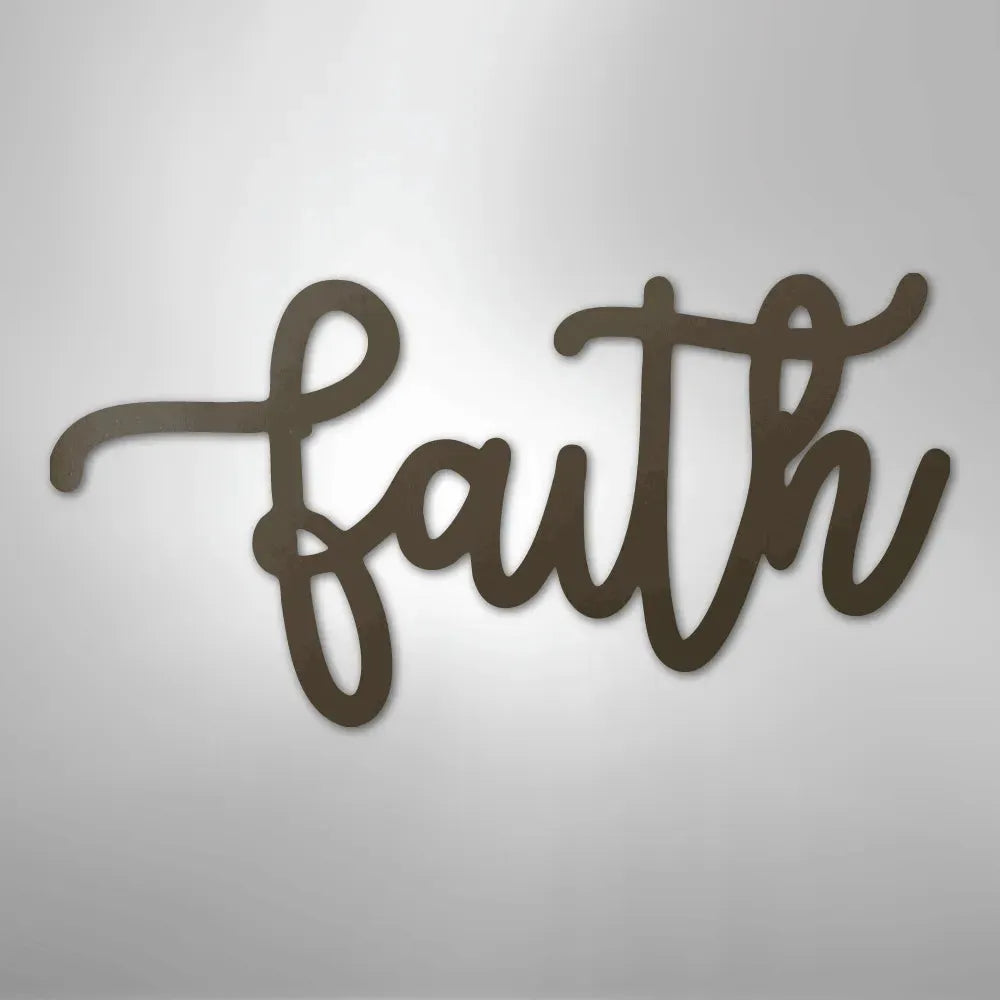 Brown metal "faith" script wall art in a flowing cursive font.