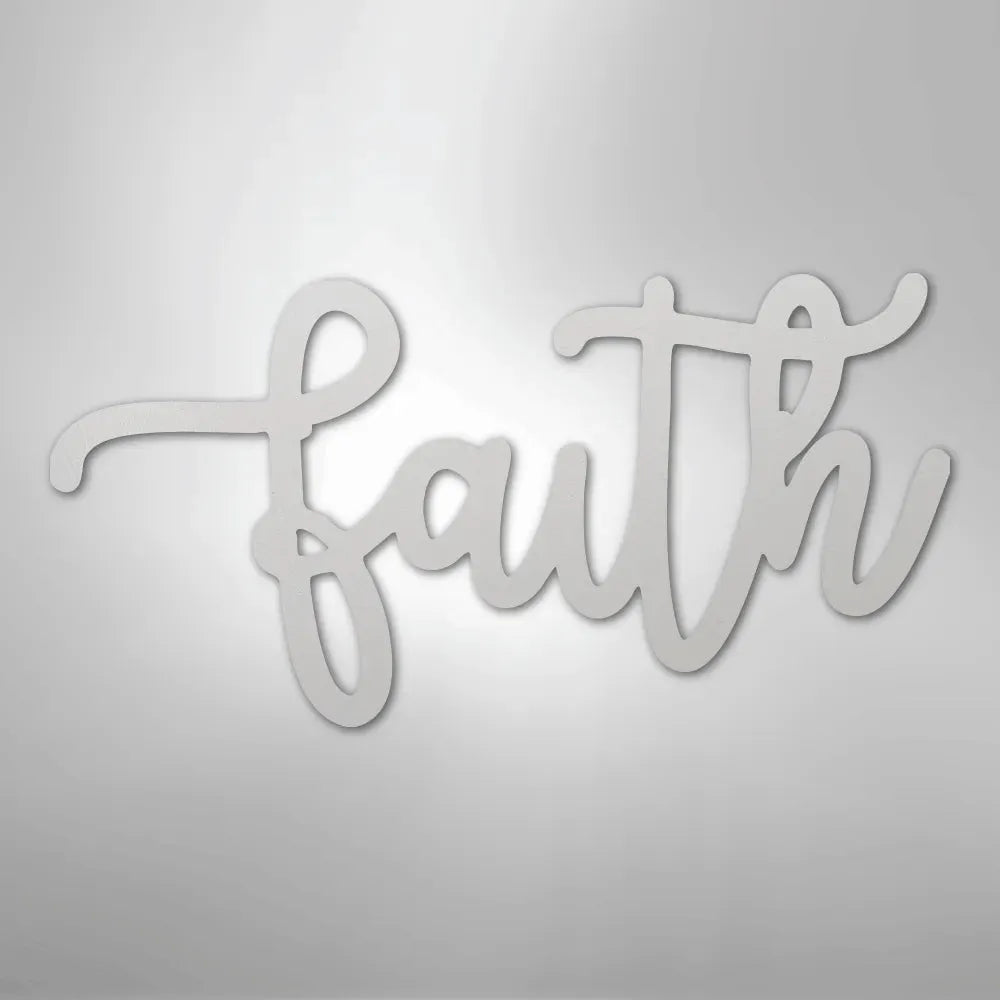 White metal "faith" script wall art with elegant cursive lettering.