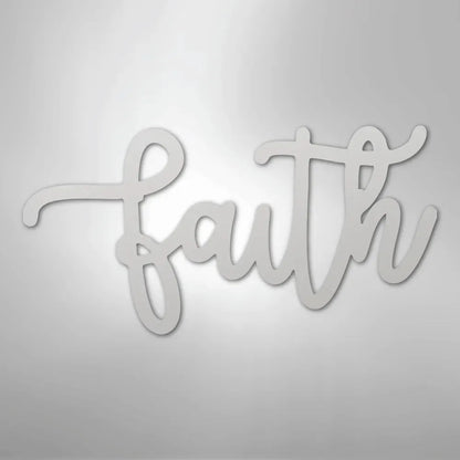 White metal "faith" script wall art with elegant cursive lettering.