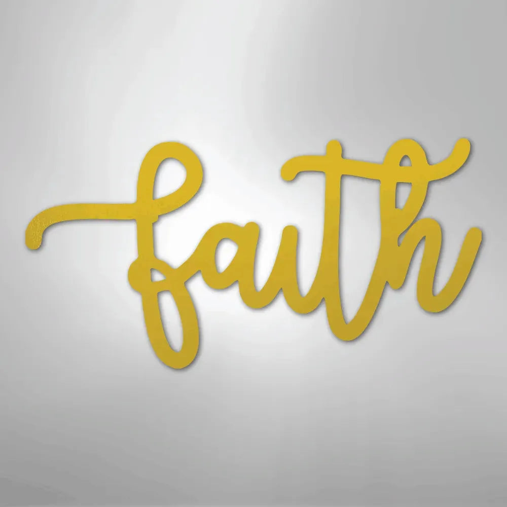 Gold "faith" script metal wall art with a flowing, elegant design.