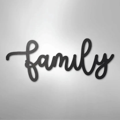 Black metal "family" script wall art in a flowing cursive font.