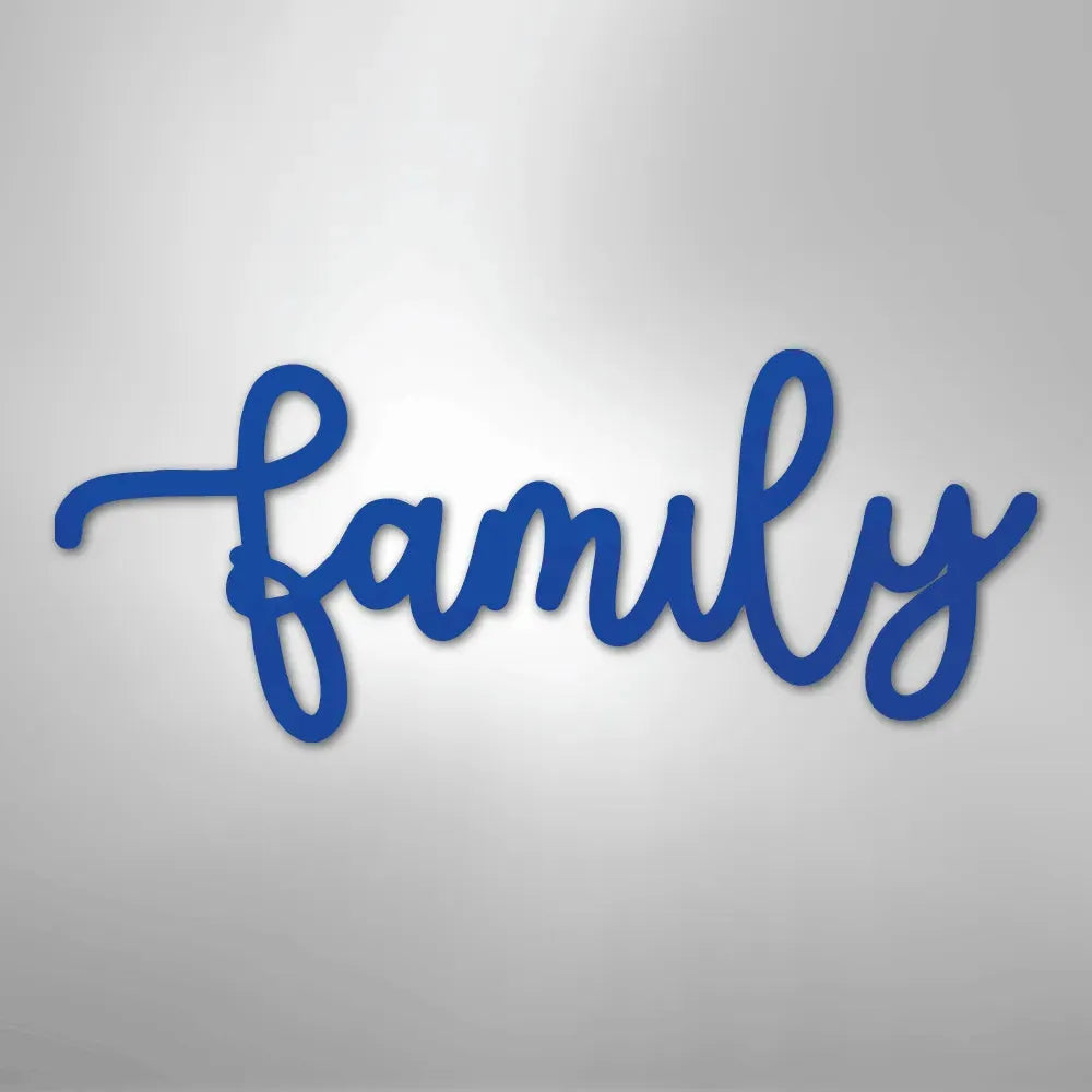 Blue script "family" metal wall art, featuring a flowing cursive design.