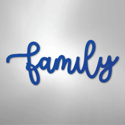 Blue script "family" metal wall art, featuring a flowing cursive design.