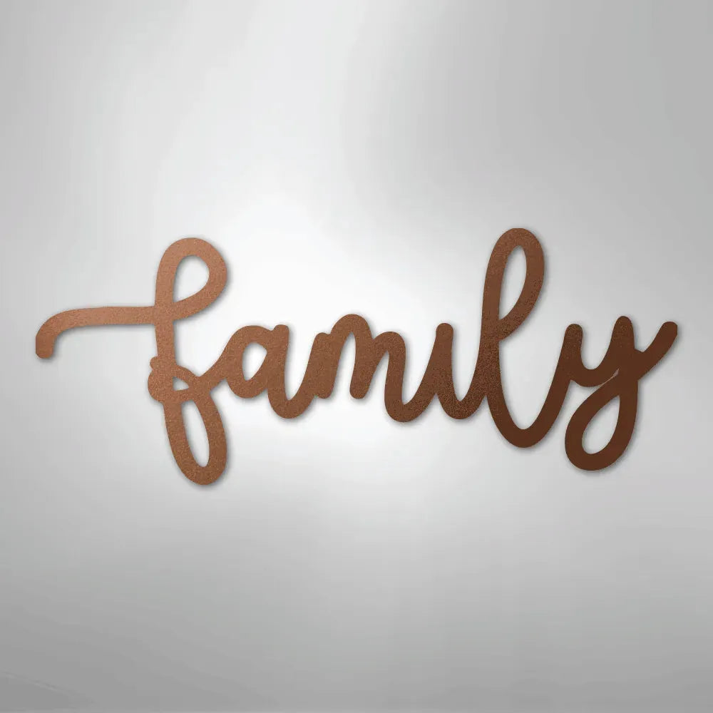 Copper "family" script metal wall art, durable powder-coated steel, elegant cursive design.