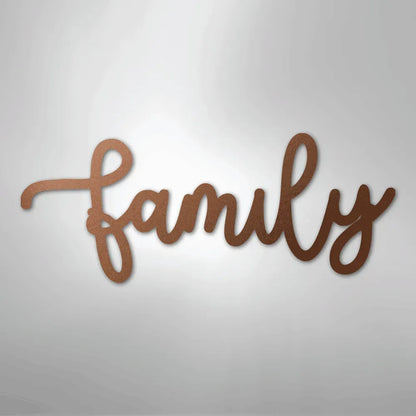 Copper "family" script metal wall art, durable powder-coated steel, elegant cursive design.