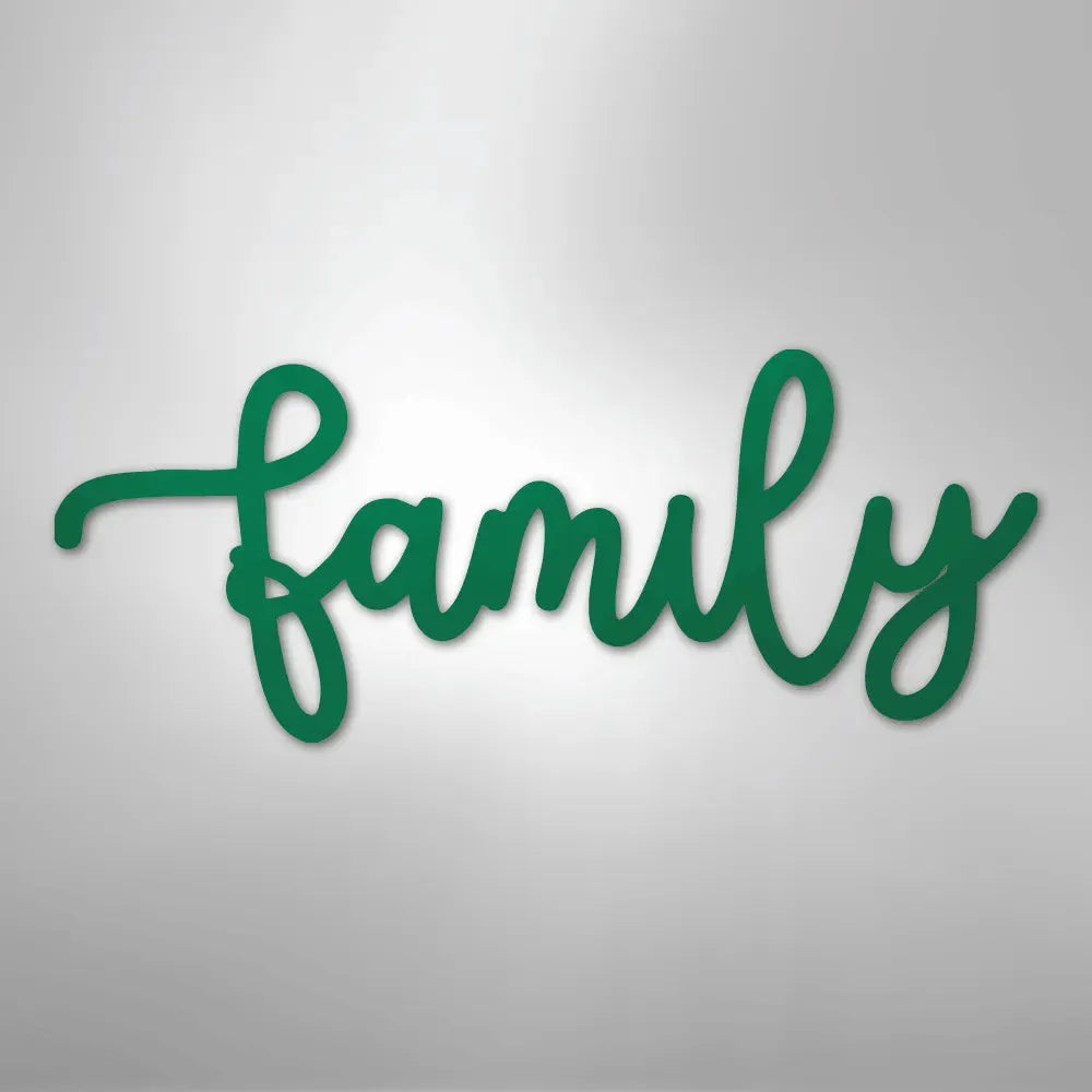 Green script "family" metal wall art, durable powder-coated steel, elegant cursive design.