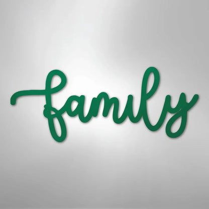 Green script "family" metal wall art, durable powder-coated steel, elegant cursive design.